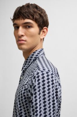 Camisa slim fit en punto t&eacute;cnico el&aacute;stico estampado, Azul oscuro