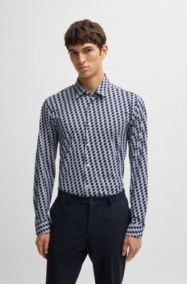 Camisa slim fit en punto t&eacute;cnico el&aacute;stico estampado, Azul oscuro