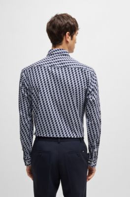 Camisa slim fit en punto t&eacute;cnico el&aacute;stico estampado, Azul oscuro