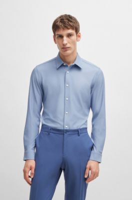 Camisa slim fit en tejido t&eacute;cnico el&aacute;stico de espiga, Celeste