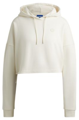 Hugo Boss Cropped Cotton-terry Hoodie With Happy Hugo Logo Badge In White