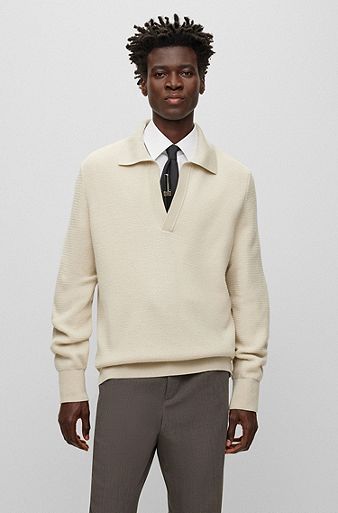 Relaxed-fit virgin-wool sweater with polo collar, Light Beige