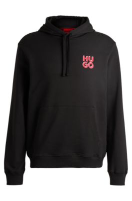 Hugo Cotton-terry Hoodie With Stacked Logo Print In Black
