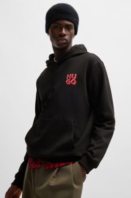 Sudadera con capucha en felpa de algod&oacute;n con logo apilado estampado, Negro