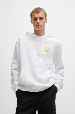 Sudadera con capucha en felpa de algod&oacute;n con logo apilado estampado, Blanco