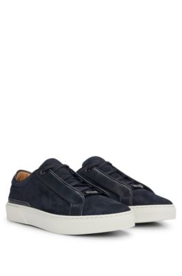 Hugo Boss Gary Grained-leather Trainers With Branded Metal Lace Loop In Dark Blue