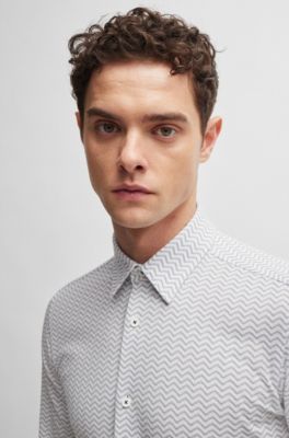 Slim-fit shirt in patterned performance-stretch fabric, White