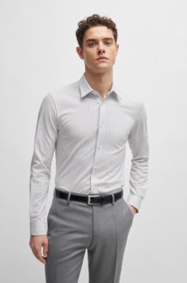 Slim-fit shirt in patterned performance-stretch fabric, White