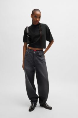 Camiseta recortada relaxed fit en punto de algod&oacute;n con logo apilado, Negro