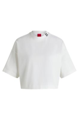 Camiseta recortada relaxed fit en punto de algod&oacute;n con logo apilado, Blanco