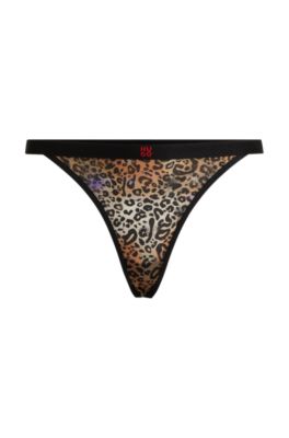 Hugo Animal-print Thong With Stacked-logo Waistband In Black
