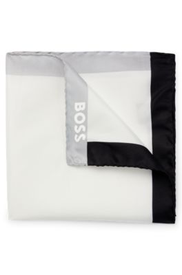 Silk pocket square with branding and printed border, Black