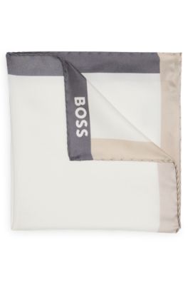 Silk pocket square with branding and printed border, Grey