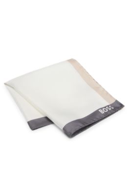 Silk pocket square with branding and printed border, Grey