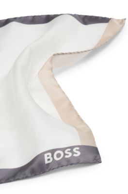 Silk pocket square with branding and printed border, Grey