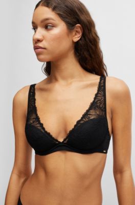 Stretch-lace underwired bra with logo trim, Black