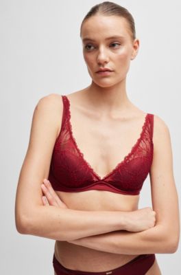 Stretch-lace underwired bra with logo trim, Red