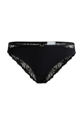 Hugo Boss Stretch-lace Briefs With Gold-tone Logo Trim In Black