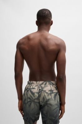 Quick-dry swim shorts with seasonal print, Khaki