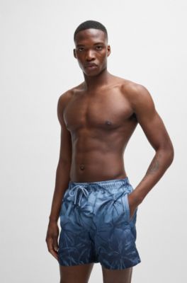 Quick-dry swim shorts with seasonal print, Dark Blue