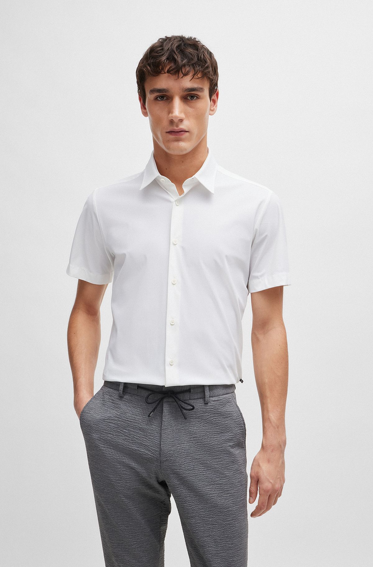 BOSS - Regular-fit short-sleeved shirt with camp collar