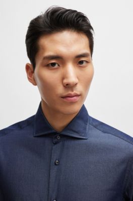 Slim-fit shirt in cotton denim with spread collar, Dark Blue