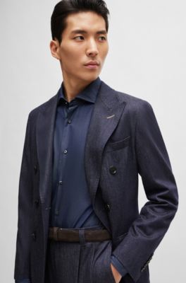 Slim-fit shirt in cotton denim with spread collar, Dark Blue