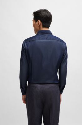 Slim-fit shirt in cotton denim with spread collar, Dark Blue