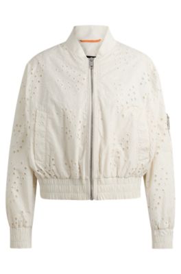 Shop Hugo Boss Embroidered Bomber Jacket With Zipped Sleeve Pocket In White