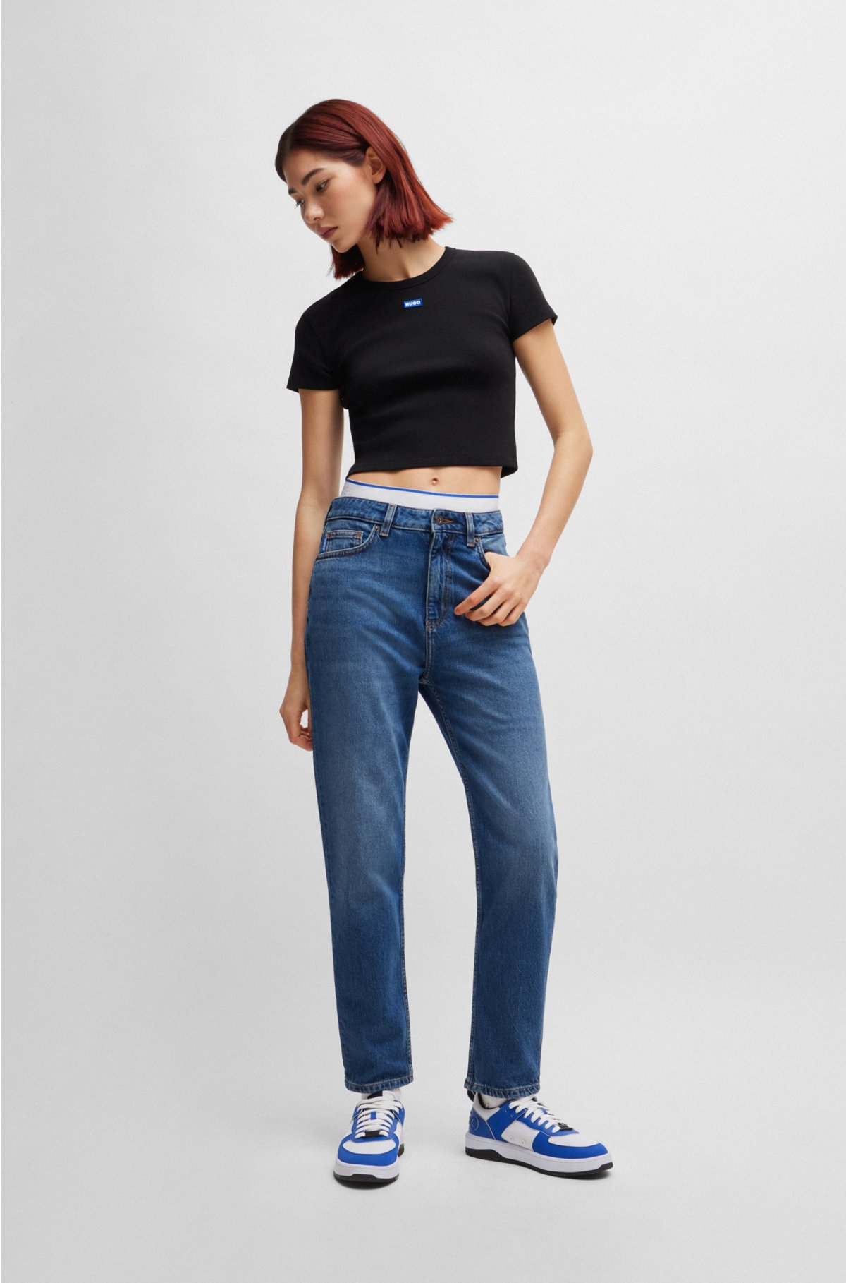 Middle blue denim Cotton mom jeans - Buy Online