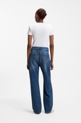 Vaqueros en denim el&aacute;stico azul, de corte recto y pernera larga., Azul