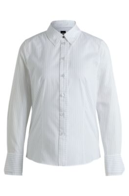 Shop Hugo Boss Long-sleeved Blouse In Pinstripe Cotton In Patterned