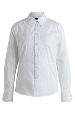 Hugo Boss Long-sleeved Blouse In Pinstripe Cotton In Patterned