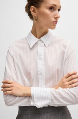 Long-sleeved blouse in pinstripe cotton, Patterned