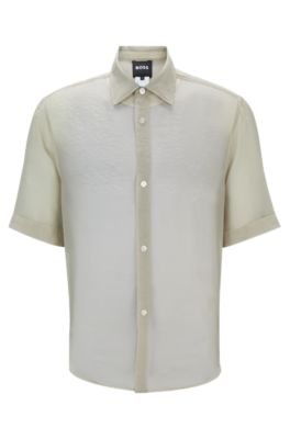 Shop Hugo Boss Regular-fit Shirt In Soft Organza With Kent Collar In Light Beige
