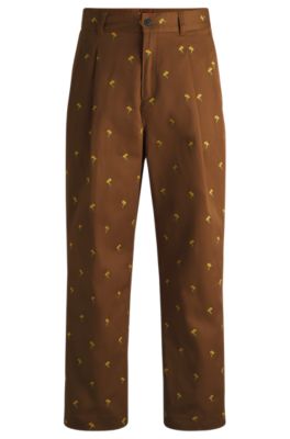 Hugo Boss Flat-fronted Trousers In Floral-embroidered Twill In Brown