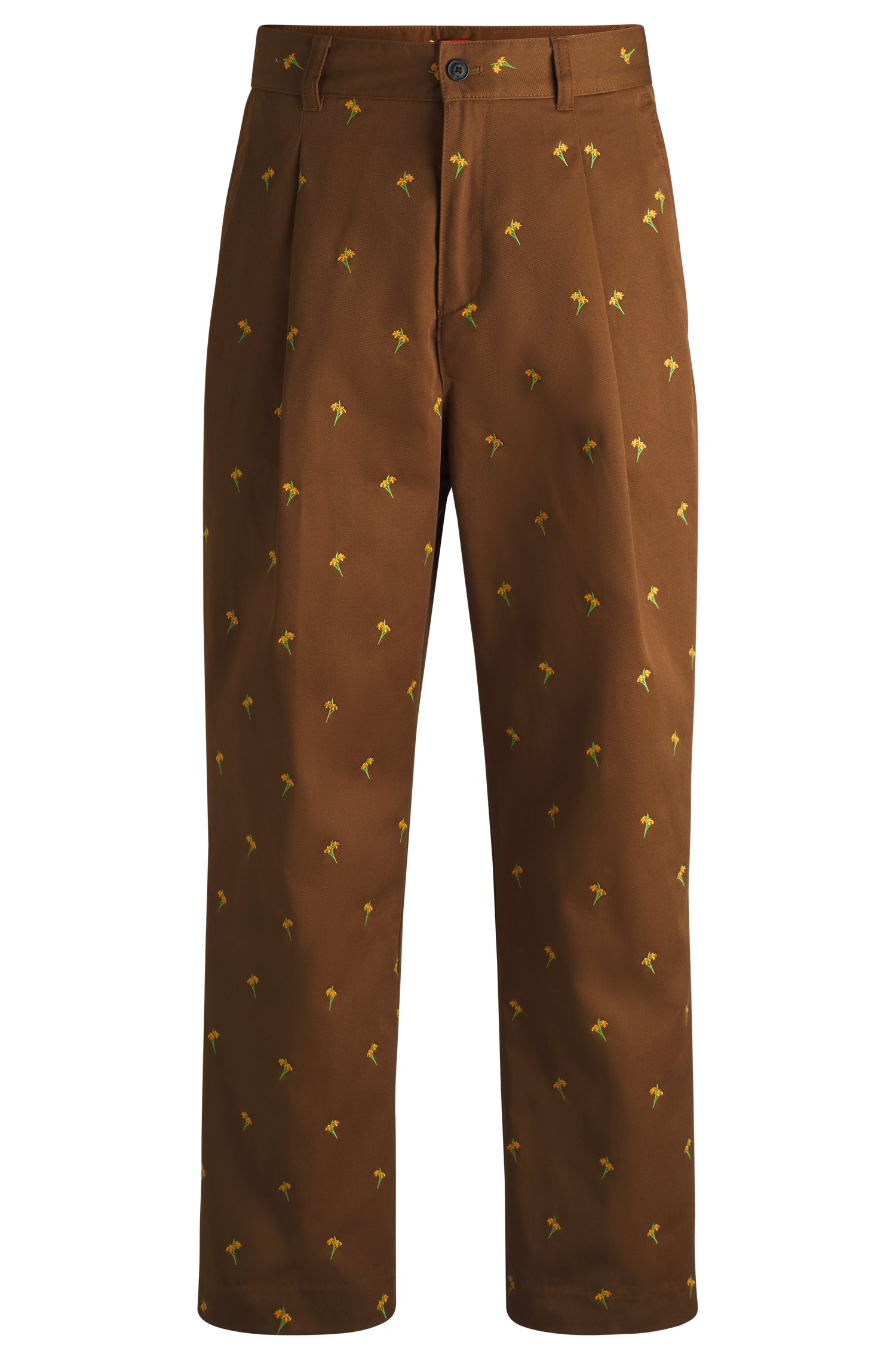 Flat-fronted trousers floral-embroidered twill