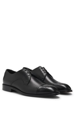 BOSS Italian leather Derby shoes with cap toe Black