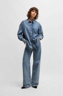 Wide-leg jeans in blue denim, Dark Blue