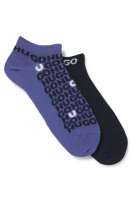 Lot de deux paires de chaussettes basses en coton m&eacute;lang&eacute; &agrave; logos, Bleu