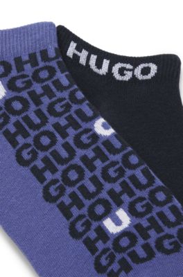 Lot de deux paires de chaussettes basses en coton m&eacute;lang&eacute; &agrave; logos, Bleu