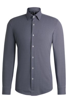 Camisa slim fit en material t&eacute;cnico el&aacute;stico con estampado geom&eacute;trico, Azul oscuro