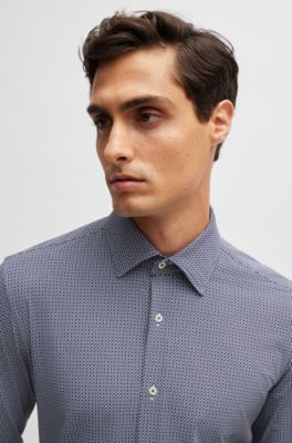 Camisa slim fit en material t&eacute;cnico el&aacute;stico con estampado geom&eacute;trico, Azul oscuro
