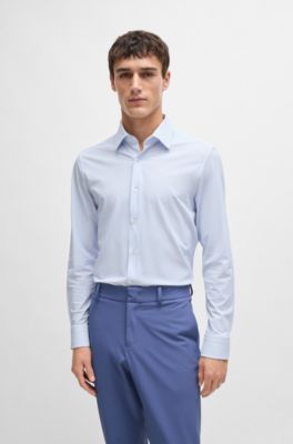 Camisa slim fit en material t&eacute;cnico el&aacute;stico con estampado geom&eacute;trico, Celeste