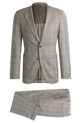 Hugo Boss Slim-fit Suit In Water-repellent Checked Wool In Light Green