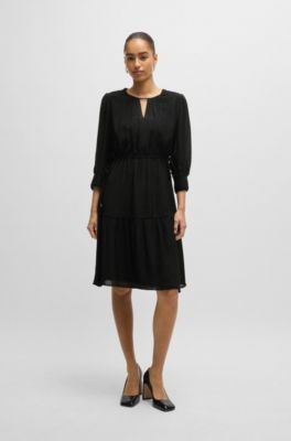 Long-sleeved dress in fil-coup&eacute; fabric, Black