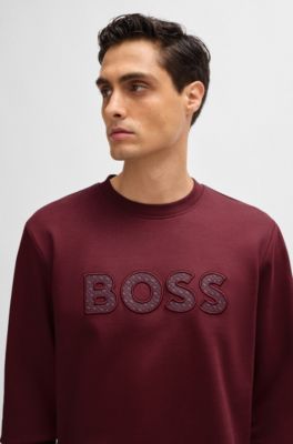 Sudadera relaxed fit de felpa de algod&oacute;n con logo de dise&ntilde;o, Rojo oscuro