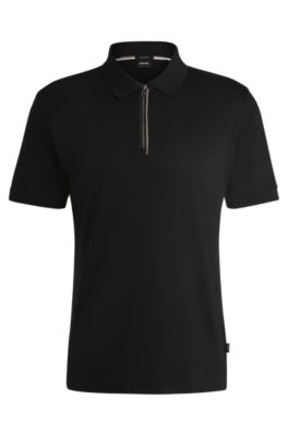 BOSS - Mercerized-cotton slim-fit polo shirt with zip placket - Black