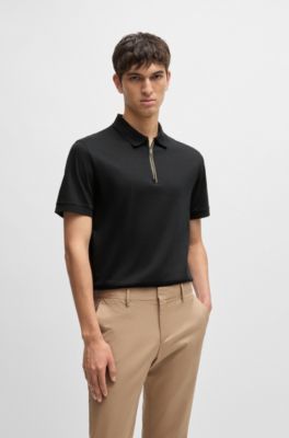Mercerized-cotton slim-fit polo shirt with zip placket, Black