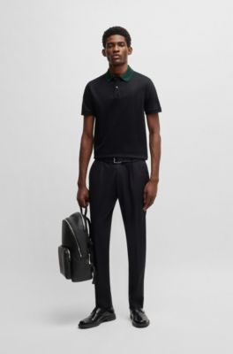 Polo slim fit de algod&oacute;n mercerizado con rayas en el cuello, Negro